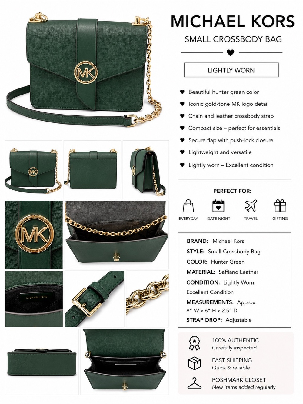 Michael Kors Hunter Green Leather Small Crossbody with Gold Hardware